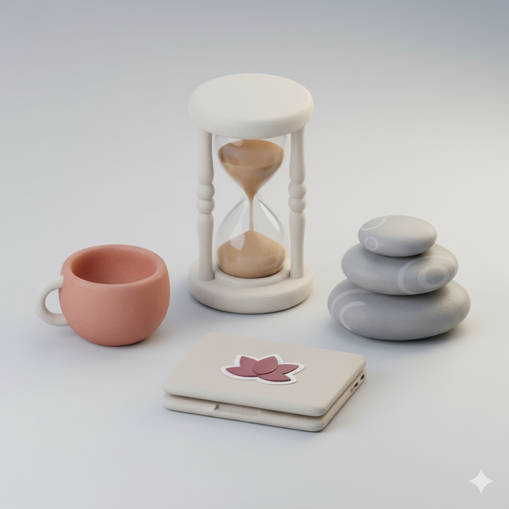 A calm still-life of a mug, hourglass, stones, and a small laptop with a lotus sticker